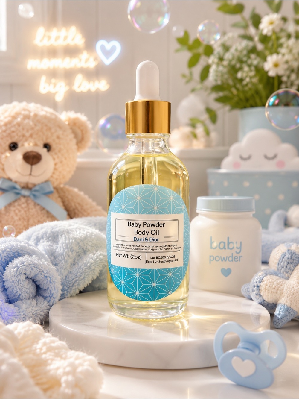 2oz Baby Powder Body Oil 🩵✨